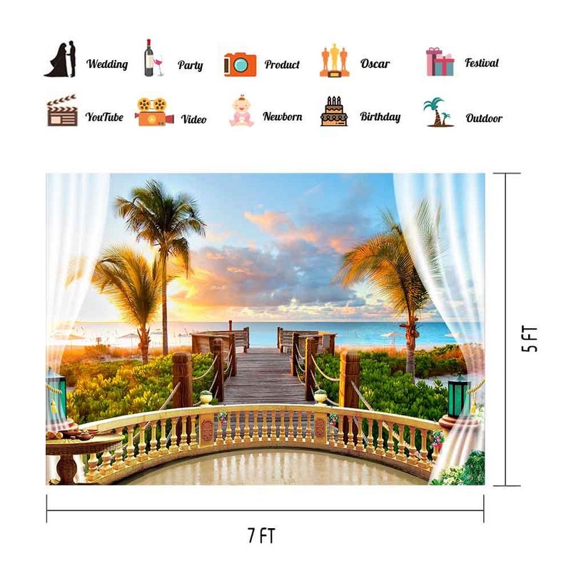 PHMOJEN 7X5ft Tropical Seaside Photography Backdrop Balcony Wood Bridge Vinyl Background Theme Wedding Birthday Party Backdrop Studio Props GEPH015 - Image 2